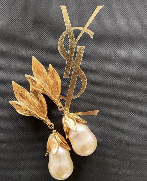 YVES SAINT-LAURENT Pearl Tulip Flower Clip-On Drop Earrings Circa 1980-1990s - Image 2