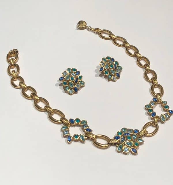 YVES SAINT-LAURENT Vintage Necklace Earrings Flower Set Gripoix Gold Circa 1990s