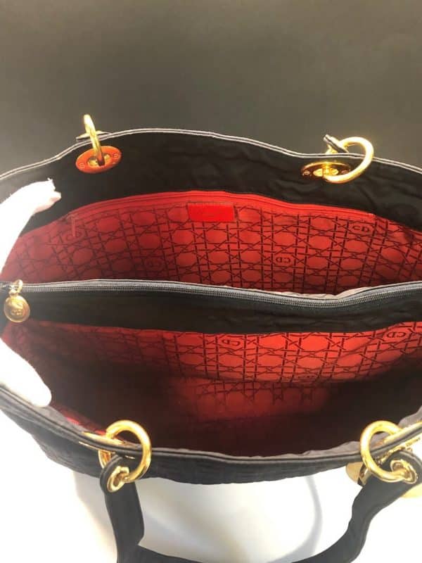 CHRISTIAN DIOR Vintage Lady DIOR 42 cm Bag Black Quilted Canvas Gold Charms 1980s - Image 12