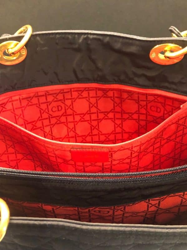 CHRISTIAN DIOR Vintage Lady DIOR 42 cm Bag Black Quilted Canvas Gold Charms 1980s - Image 13