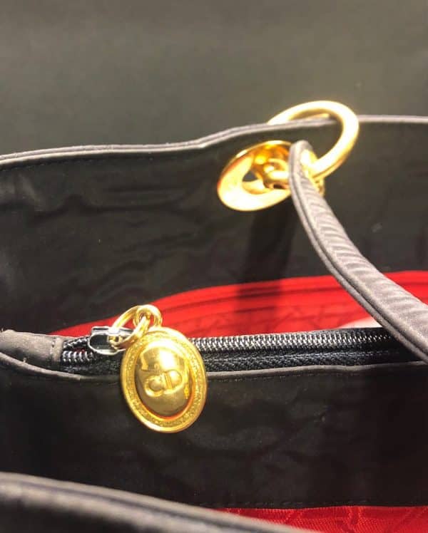 CHRISTIAN DIOR Vintage Lady DIOR 42 cm Bag Black Quilted Canvas Gold Charms 1980s - Image 14