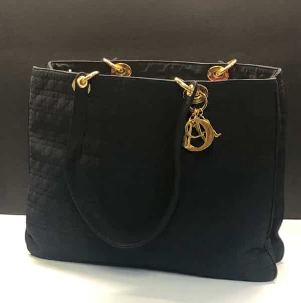 CHRISTIAN DIOR Vintage Lady DIOR 42 cm Bag Black Quilted Canvas Gold Charms 1980s - Image 5