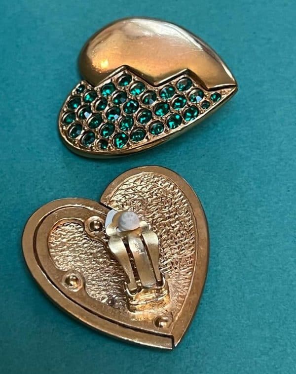 YVES SAINT-LAURENT Haute Couture Vintage Heart-Shaped Earrings Emerald Green Diamante By Goossens Circa 1983 - Image 6