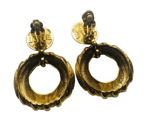 YVES SAINT-LAURENT Vintage 1990s Gold Toned Hammered Door Knocker Clip-On Earrings - Image 6