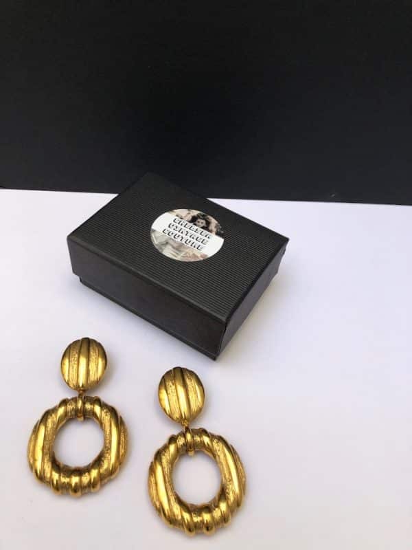 YVES SAINT-LAURENT Vintage 1990s Gold Toned Hammered Door Knocker Clip-On Earrings - Image 5