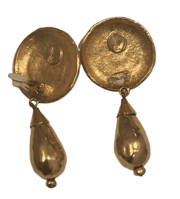 YVES SAINT-LAURENT Vintage Large Drop Clip-On Earrings Gold Hammered Circa 1980 - Image 7