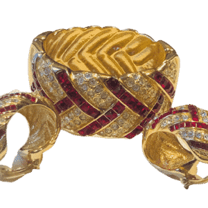 Yves Saint-Laurent Cuff Bracelet Earrings Set Ruby Crystal Swarovski