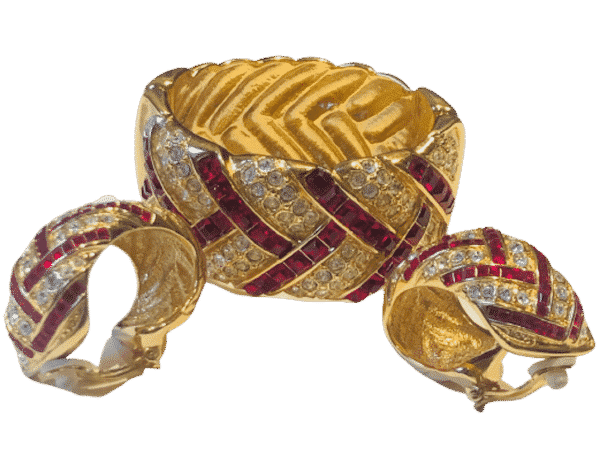 Yves Saint-Laurent Cuff Bracelet Earrings Set Ruby Crystal Swarovski