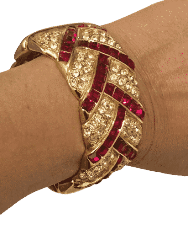 YVES SAINT-LAURENT Vintage YSL Gold Ruby Crystal Cuff & Earrings Set 1980s - Image 6