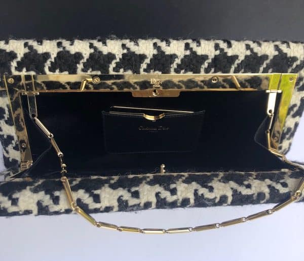 CHRISTIAN DIOR Black & White Houndstooth Tweed Chain Bag Clutch - Image 11