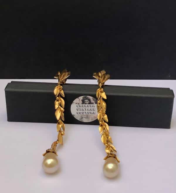 YVES SAINT-LAURENT Vintage Haute Couture Ear of Corn Pearl Drop Earrings Ultra Long Circa 1989