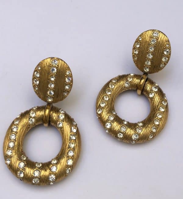YVES SAINT-LAURENT Vintage Oversized Hoop Dangling Earrings Gold Crystals Circa 1980s - Image 3