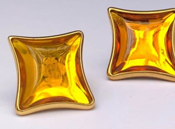 YVES SAINT-LAURENT Vintage Resin Orange Gold Clip Earrings 1980s - Image 4