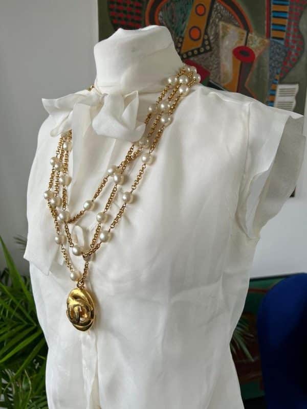 CHANEL Blouse Light Beige W/Bow Chanel Pearl Buttons - Image 3