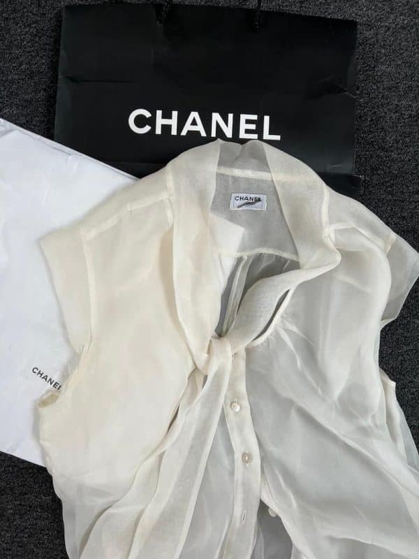 CHANEL Blouse Light Beige W/Bow Chanel Pearl Buttons - Image 6