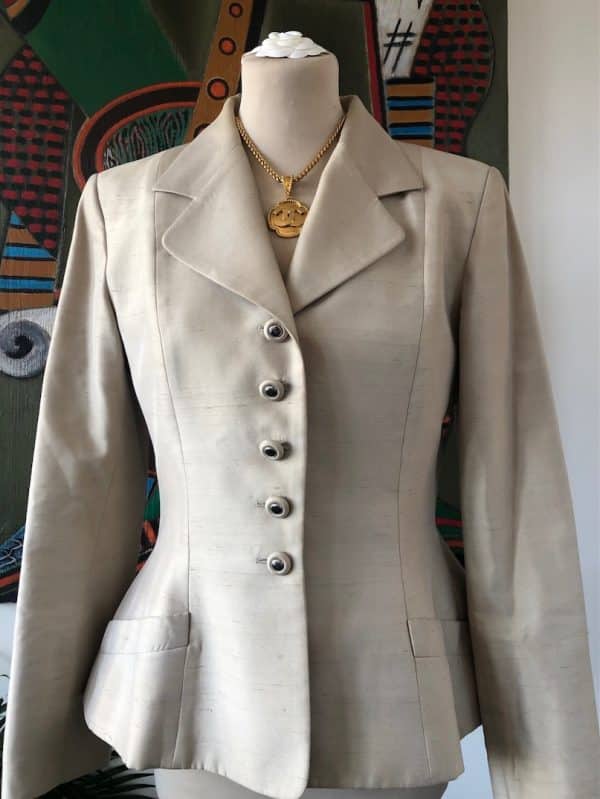 CHRISTIAN DIOR Fitted Jacket Notched Collar Silk Jewel Buttons Vintage - Image 2