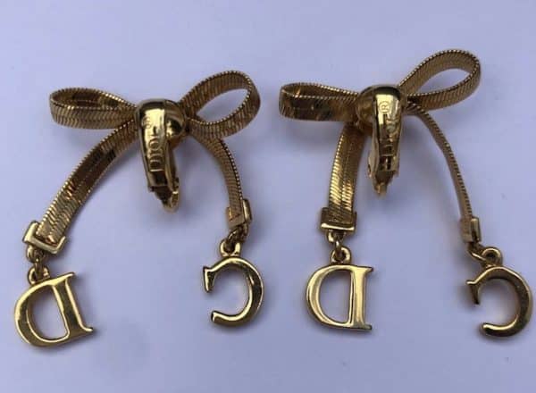 CHRISTIAN DIOR Vintage Gold Tone Bow Earrings Clip-On Long - Image 3