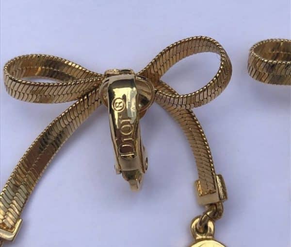 CHRISTIAN DIOR Vintage Gold Tone Bow Earrings Clip-On Long - Image 4