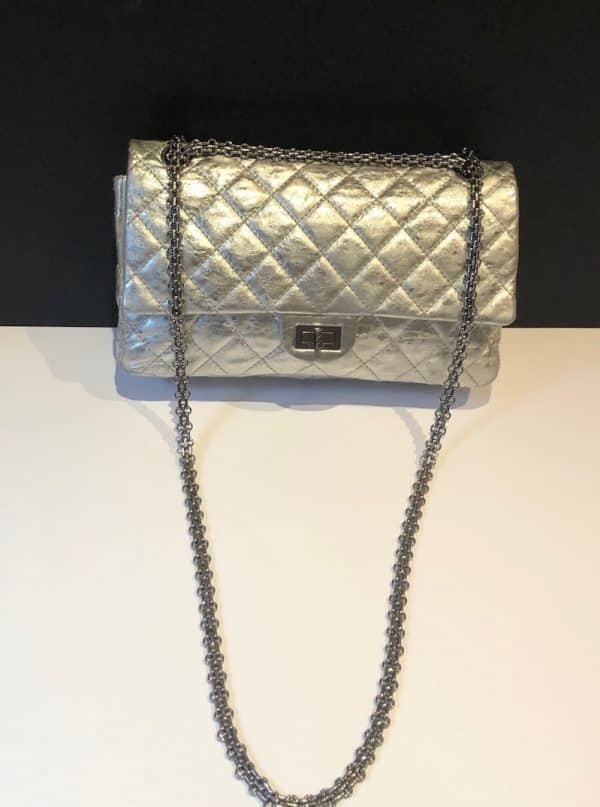 CHANEL Metallic Silver Quilted 2.55 Aged Leather Reissue Double Flap Bag 228 C.2006 - Image 3