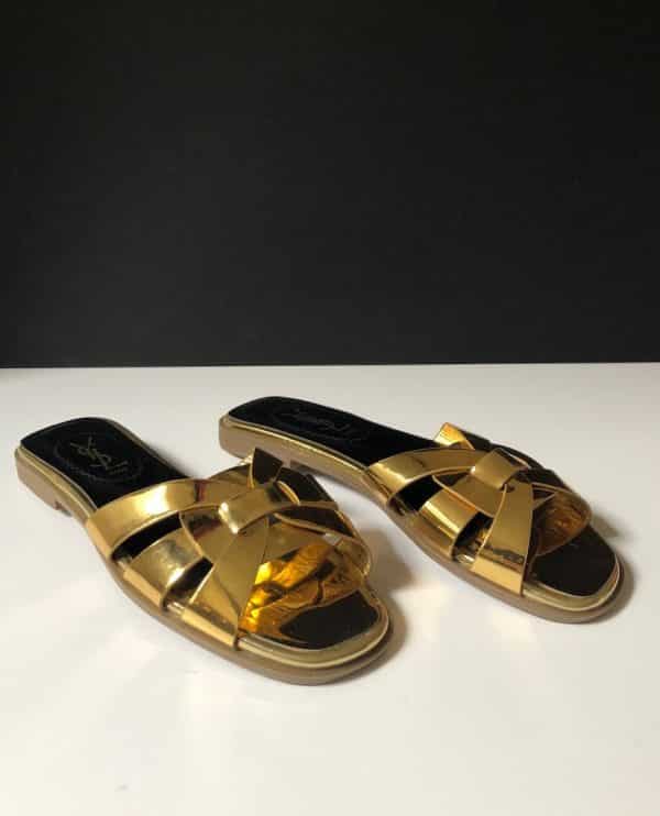 YVES SAINT-LAURENT Tribute Flat Metallic Gold Sandals Shoes Circa 2000 - Image 6