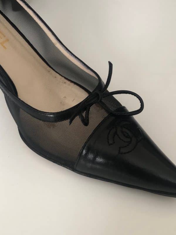 CHANEL Leather Heels and Mesh CC Logo Black Shoes Pump W/Box - Image 2
