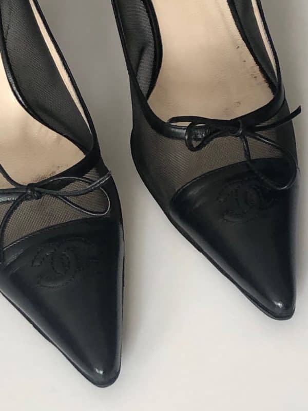 CHANEL Leather Heels and Mesh CC Logo Black Shoes Pump W/Box - Image 4