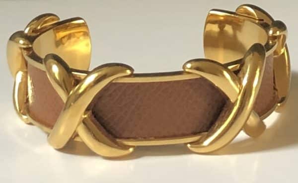 HERMÈS Gold and Leather Criss Cross Cuff Bracelet - Image 2