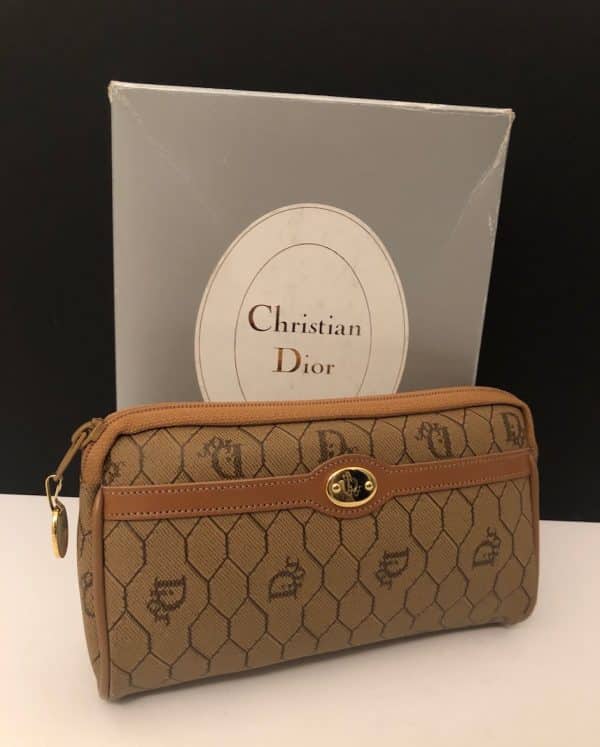 CHRISTIAN DIOR Vintage Clutch Logo Monogram Honeycomb Purse 80s W/Box