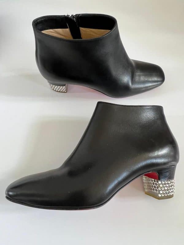 CHRISTIAN LOUBOUTIN Leather Ankle Boots Black Crystal W/ Red Soles Size 36.5 - Image 3