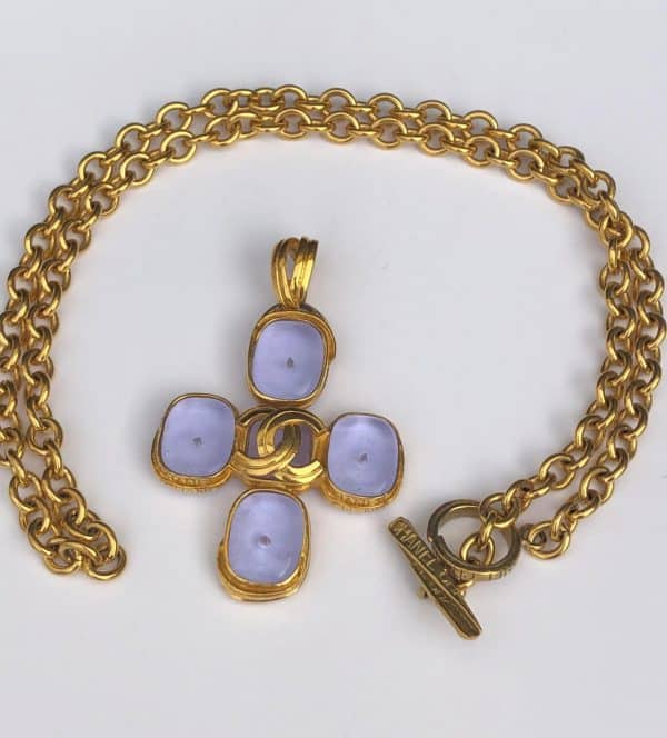 CHANEL By Goossens Cross Pendant Cabochons Necklace CC Logo Gold 1996 - Image 3