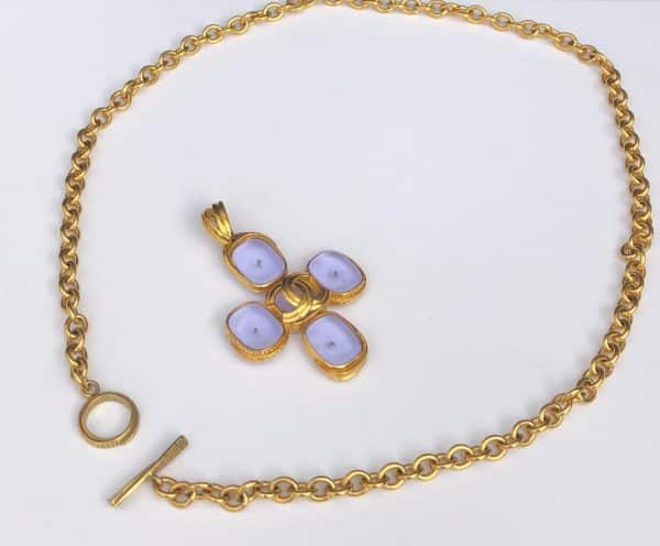 CHANEL By Goossens Cross Pendant Cabochons Necklace CC Logo Gold 1996 - Image 4