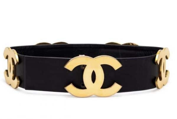CHANEL Black Leather & Gold Metal Belt Wide Oversized Multi CC Logo 1992