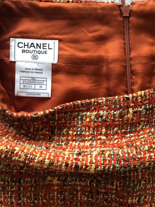 CHANEL 1998 Orange & Beige Wool Tweed Vintage Skirt Suit Bouclé CC Buttons - Image 11