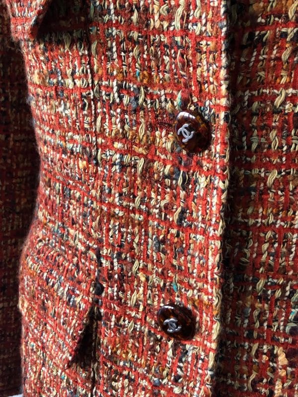 CHANEL 1998 Orange & Beige Wool Tweed Vintage Skirt Suit Bouclé CC Buttons - Image 2