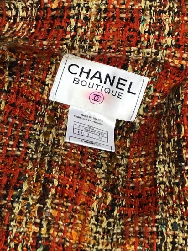 CHANEL 1998 Orange & Beige Wool Tweed Vintage Skirt Suit Bouclé CC Buttons - Image 9