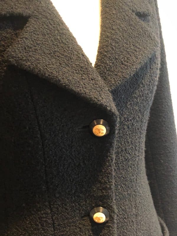 chanel 1993 black jacket tweed bouclé wool skirt suit cc logo single breasted