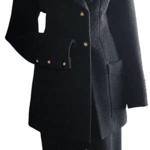 chanel 1993 black jacket tweed bouclé wool skirt suit cc logo single breasted