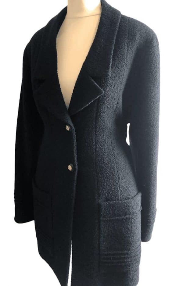 chanel 1993 black jacket tweed bouclé wool skirt suit cc logo single breasted