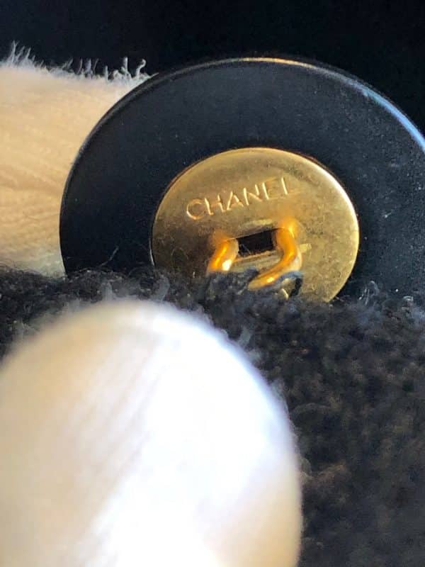 chanel 1993 black jacket tweed bouclé wool skirt suit cc logo single breasted