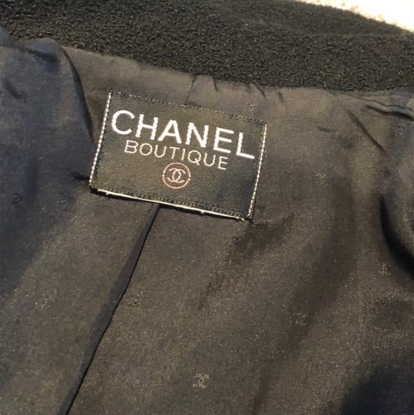 chanel 1993 black jacket tweed bouclé wool skirt suit cc logo single breasted