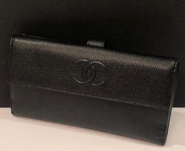Chanel Black Caviar Leather CC Logo Long Snap Bifold Wallet 53ck32s