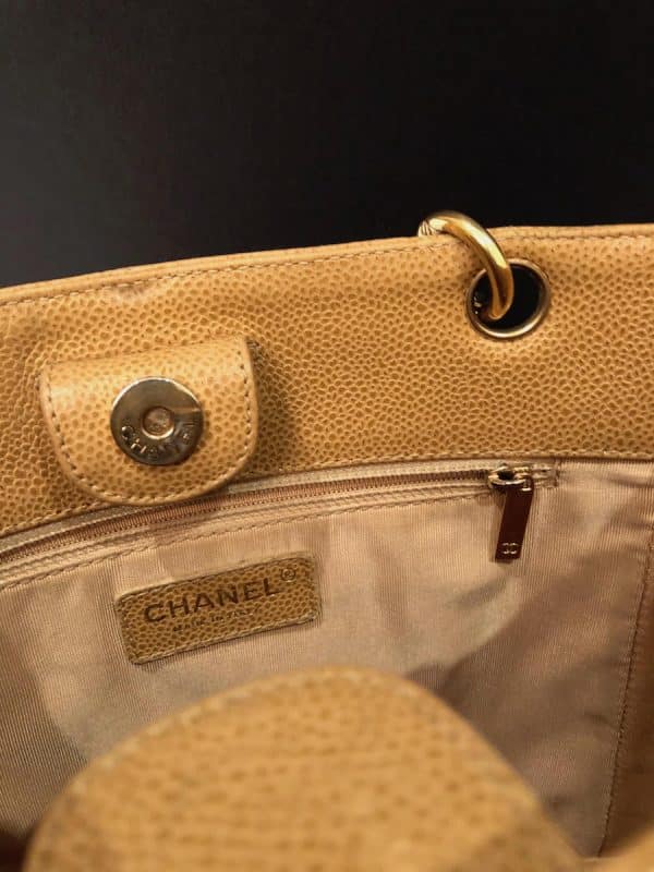 CHANEL Small Petit Shopping Tote Bag Gold Tone Caviar Leather in Camel Beige Circa 2003 - Image 10