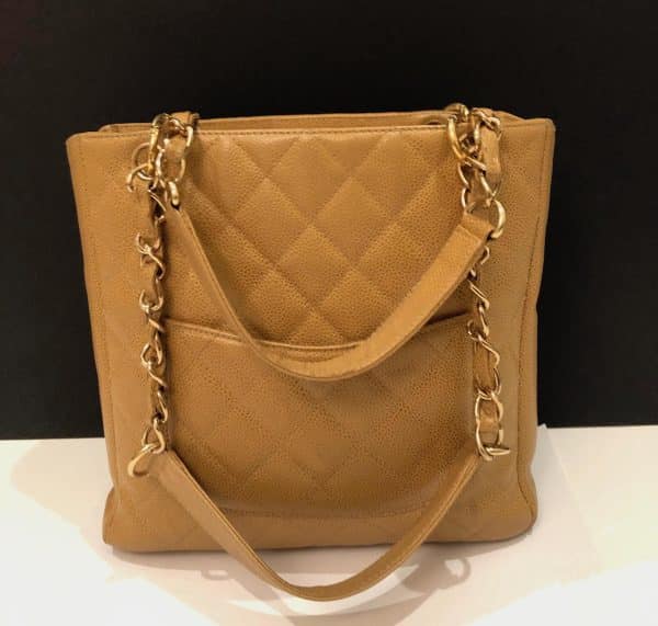 CHANEL Small Petit Shopping Tote Bag Gold Tone Caviar Leather in Camel Beige Circa 2003 - Image 3