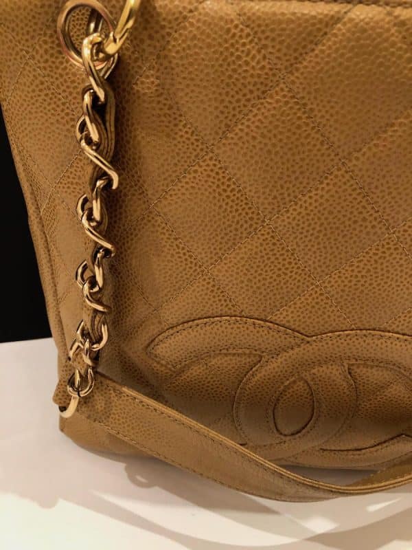 CHANEL Small Petit Shopping Tote Bag Gold Tone Caviar Leather in Camel Beige Circa 2003 - Image 4