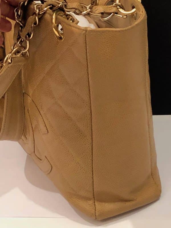 CHANEL Small Petit Shopping Tote Bag Gold Tone Caviar Leather in Camel Beige Circa 2003 - Image 5
