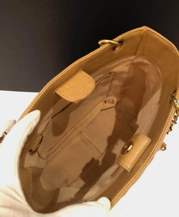 CHANEL Small Petit Shopping Tote Bag Gold Tone Caviar Leather in Camel Beige Circa 2003 - Image 9