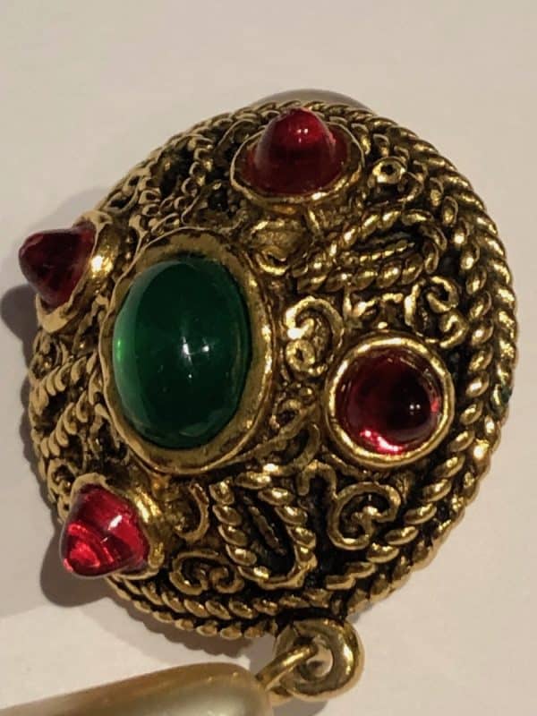 CHANEL Vintage Gold Metal Green and Pink Gripoix Pearl Drop Earrings 1980s - Image 5