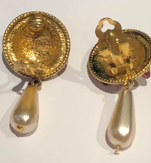 CHANEL Vintage Gold Metal Green and Pink Gripoix Pearl Drop Earrings 1980s - Image 6