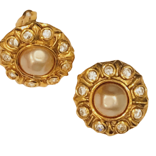 CHANEL Earrings 1970s Vintage Faceted Pearl & Crystals Flower  Clip-On W/Box - Image 2