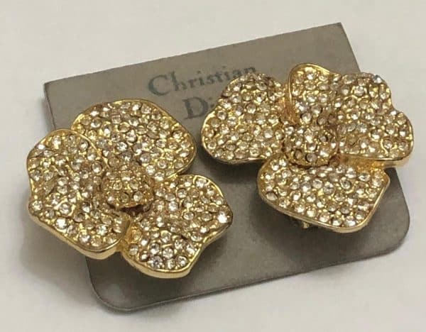 CHRISTIAN DIOR  Vintage Flower Gold Crystals Runway Clip On Earrings 1980s - Image 2